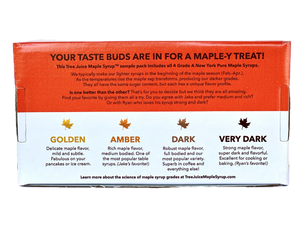 Tree Juice Maple Syrup Grade Sample Pack (2oz bottle of each grade, Golden, Amber, Dark, Very Dark) BACK OF BOX
