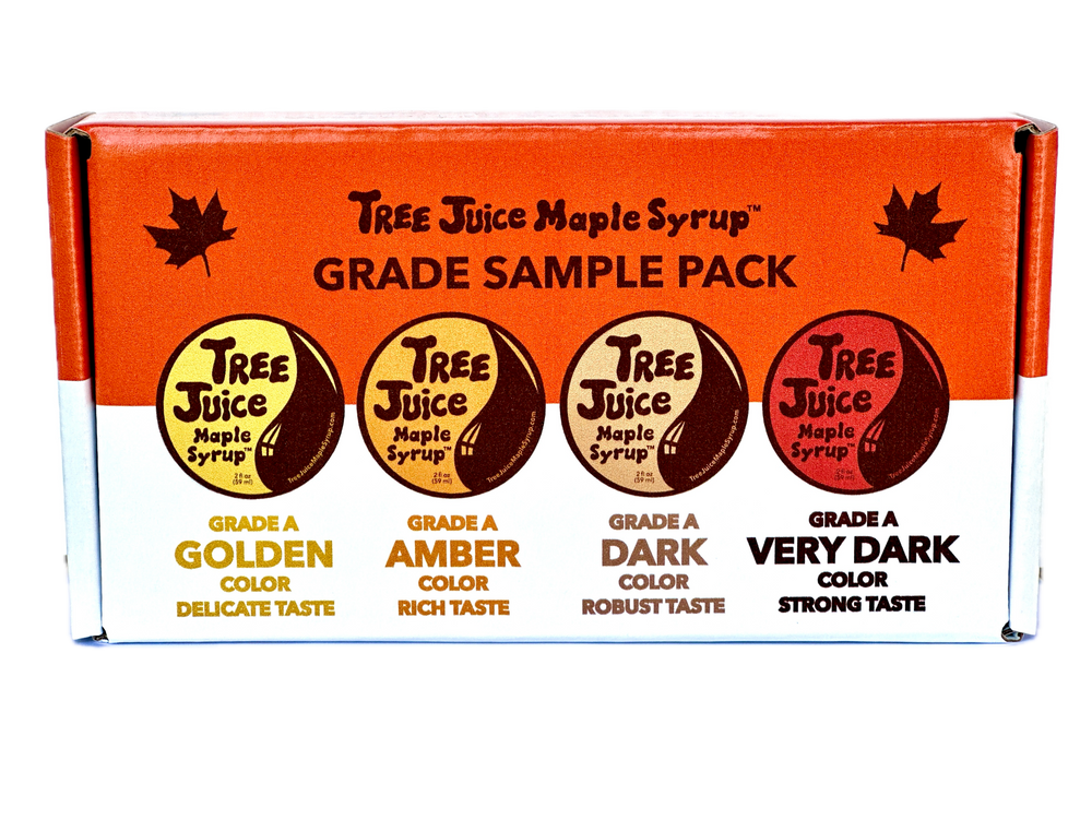 Tree Juice Maple Syrup Grade Sample Pack (2oz bottle of each grade, Golden, Amber, Dark, Very Dark) FRONT OF BOX