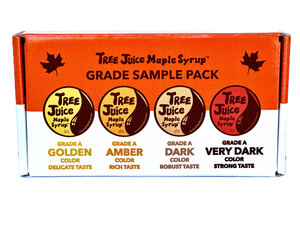 Tree Juice Maple Syrup Grade Sample Pack (2oz bottle of each grade, Golden, Amber, Dark, Very Dark) FRONT OF BOX