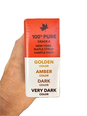 Tree Juice Maple Syrup Grade Sample Pack (2oz bottle of each grade, Golden, Amber, Dark, Very Dark) SIDE OF BOX