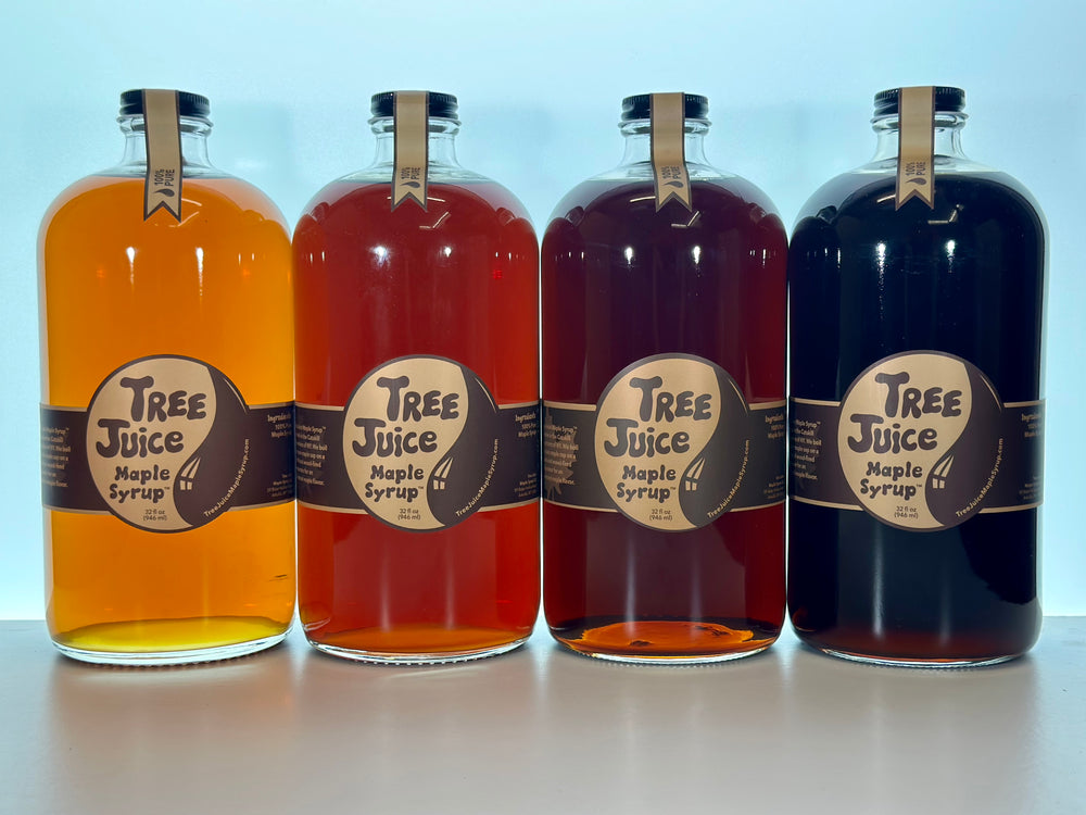 32oz bottles of Golden, Amber, Dark and Very Dark Maple Syrup