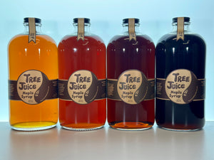 32oz bottles of Golden, Amber, Dark and Very Dark Maple Syrup