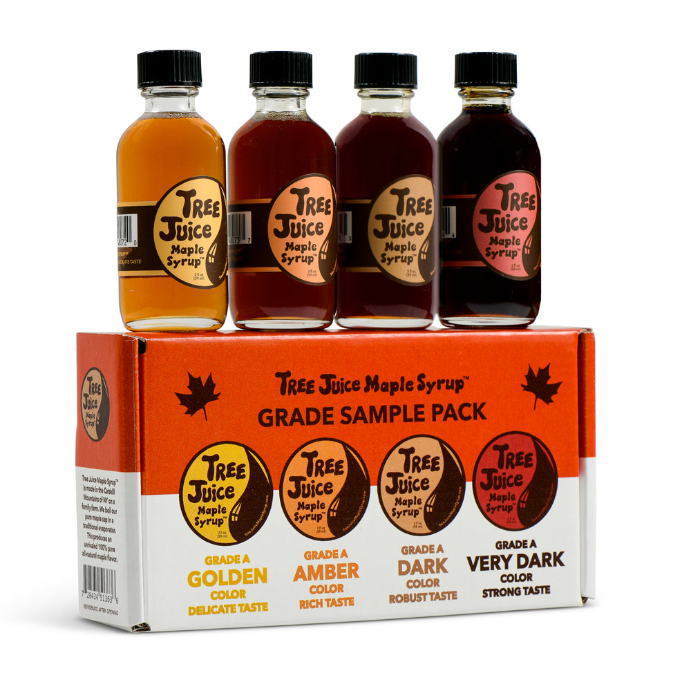Tree Juice Maple Syrup Grade Sample Pack (2oz bottle of each grade, Golden, Amber, Dark, Very Dark) FRONT OF BOX