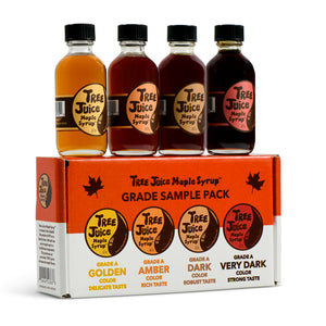Tree Juice Maple Syrup Grade Sample Pack (2oz bottle of each grade, Golden, Amber, Dark, Very Dark) FRONT OF BOX