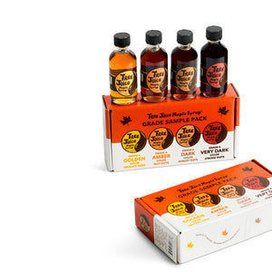 Tree Juice Maple Syrup Grade Sample Pack (2oz bottle of each grade, Golden, Amber, Dark, Very Dark) FRONT OF BOX