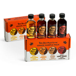 Tree Juice Maple Syrup Grade Sample Pack (2oz bottle of each grade, Golden, Amber, Dark, Very Dark) 4 bottles in FRONT OF BOX