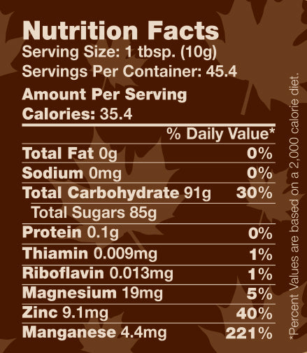 Tree Juice Maple Sugar nutritional facts panel
